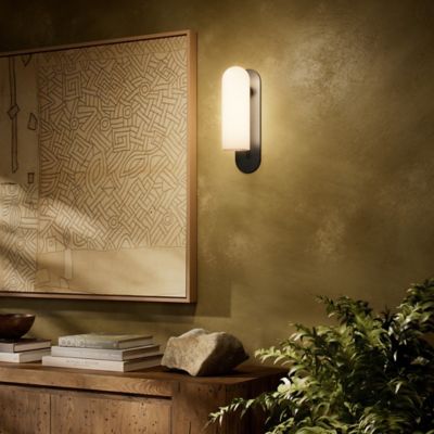 Shown in Black Gunmetal finish, Opal Matte shade color, Large size, lit, in use