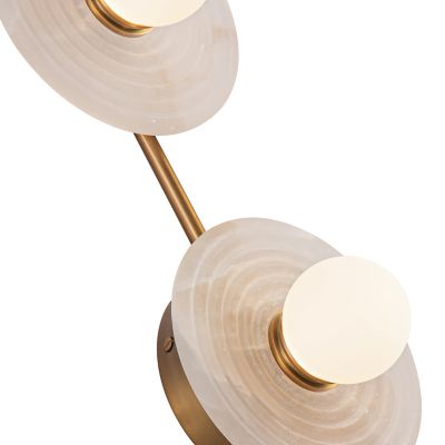 Shown in Vintage Brass with Alabaster finish, 2 light, lit, Detail view