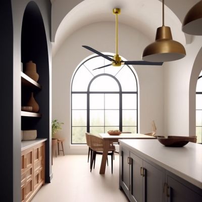 Shown in Matte Black Fan Blade finish, Brushed Brass finish, in use