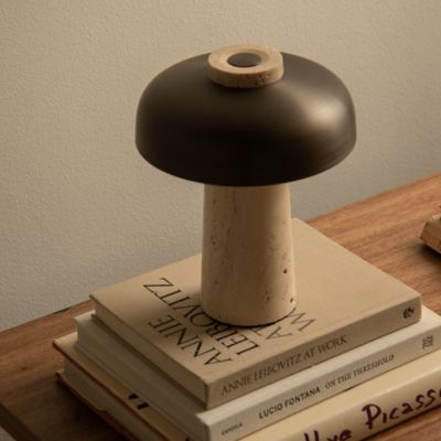 Shown in Sand Travertine Base with Bronzed Brass Shade finish, in use
