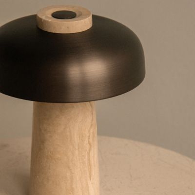 Shown in Sand Travertine Base with Bronzed Brass Shade finish, in use
