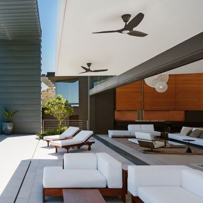 Shown in Matte Black Fan Body and Blade finish, 52 inch size, in use