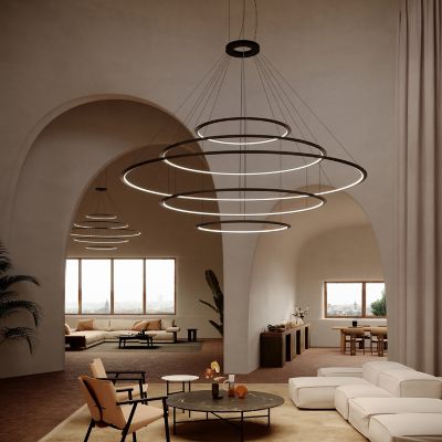 Shown in Black finish, Small size, 2700k Color temperature, Inward Light direction, in use