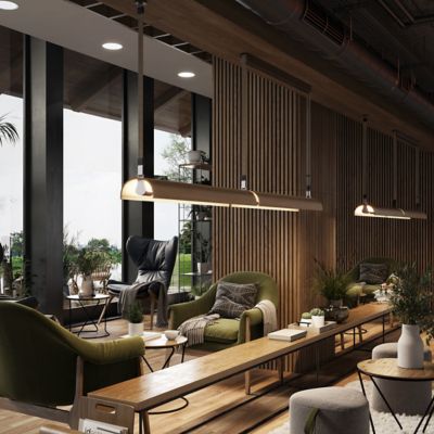 Shown in Beige finish, Direct/Indirect Light function, in use