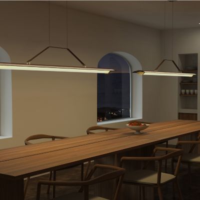 Shown in Brushed Brass finish, Dark Stained Walnut, 64-Inch size, in use