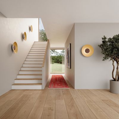 Shown in Brushed Brass Interior & White Exterior with Walnut Disc shade color, Small size, in use