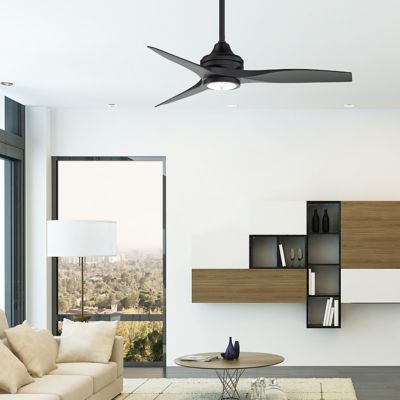 Shown in Black fan blade finish, Black fan body finish, LED Included light option, lit, in use