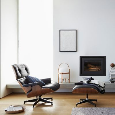 Eames Lounge Chair with Ottoman and Eames Walnut Stools