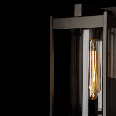 Shown in Clear Glass shade color, Coastal Oil Rubbed Bronze finish, Medium size, Detail shot, lit
