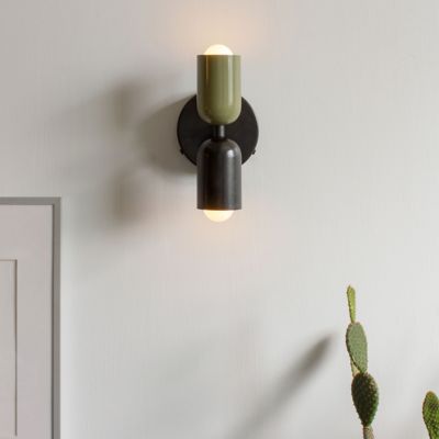 Shown in Reed Green Up Shade Finish, Black Down Shade Finish, Black Back Plate finish, Hardwire Installation Type, in use, lit