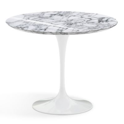 Shown in Arabescato White-Grey Shiny Coated Marble Top with White Base, 36 Inch
