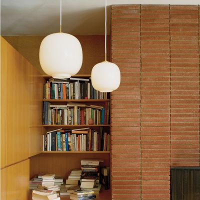 Shown in Brushed Brass finish, Opal shade, in use