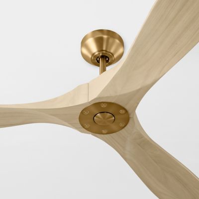 Shown in Burnished Brass with Washed White Oak Fan Body and Blade Finish, 60 Inch size, Detail view