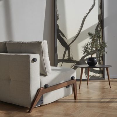 Shown in Mixed Dance Natural fabric color, Dark Stained Wood leg finish, in use