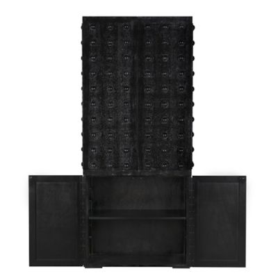 Interior view of the black metal cabinet's shelves and doors.