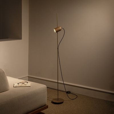 Shown in Walnut Wood with Brass finish, in use, lit