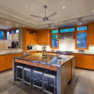 Shown in Brushed Aluminum fan body finish, Aluminum fan blade finish, 52 inch, No Light, in use