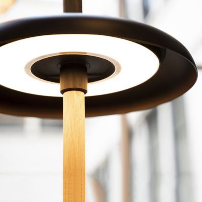 Shown in Oak finish, Black Shade color, Detail shot, lit