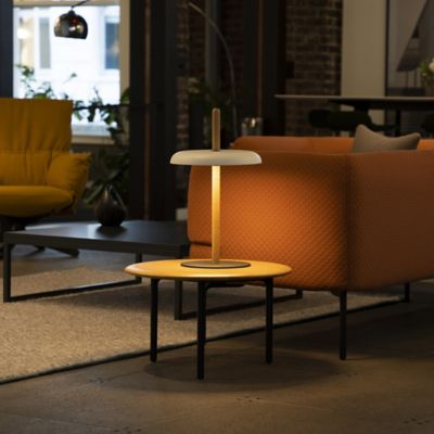 Shown in Oak finish, White Shade color, in use, lit