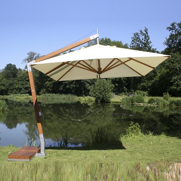 Square Levante Side Wind Bamboo Cantilever Umbrella With Base, 10 Ft.