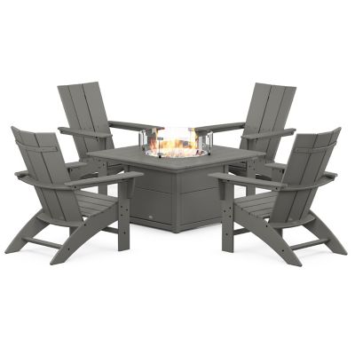 Modern Curveback Adirondack Outdoor 5-Piece Conversation Set with Fire Pit Table