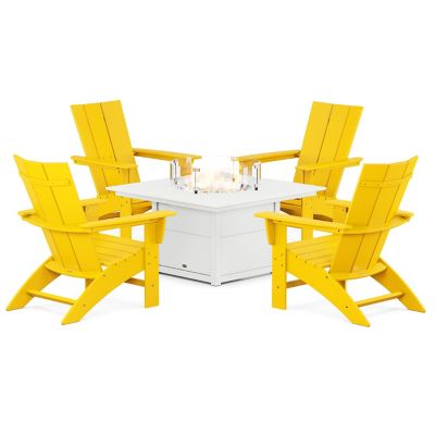 Modern Curveback Adirondack Outdoor 5-Piece Conversation Set with Fire Pit Table