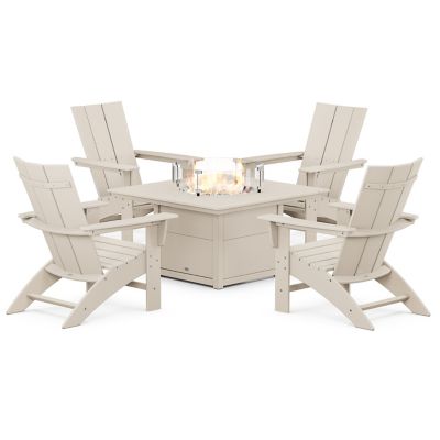 Modern Curveback Adirondack Outdoor 5-Piece Conversation Set with Fire Pit Table