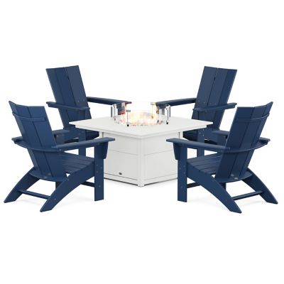 Modern Curveback Adirondack Outdoor 5-Piece Conversation Set with Fire Pit Table