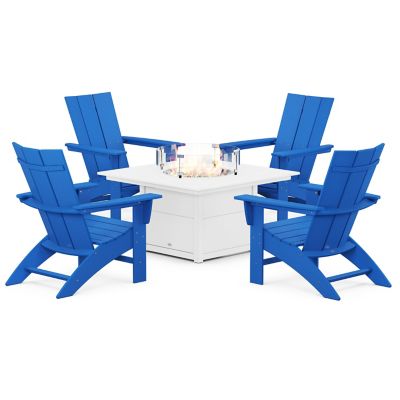 Modern Curveback Adirondack Outdoor 5-Piece Conversation Set with Fire Pit Table