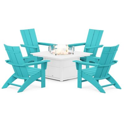 Modern Curveback Adirondack Outdoor 5-Piece Conversation Set with Fire Pit Table