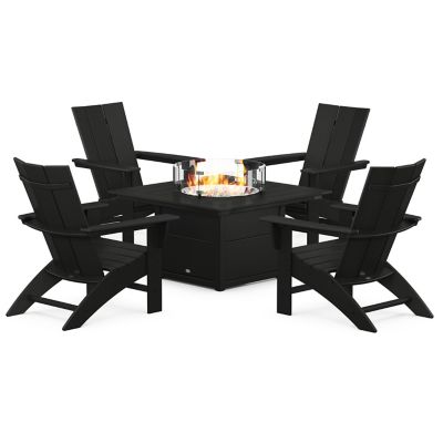 Modern Curveback Adirondack Outdoor 5-Piece Conversation Set with Fire Pit Table