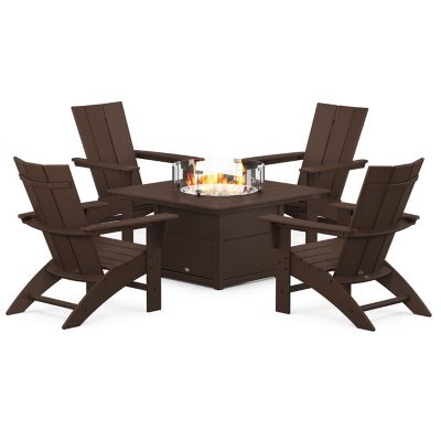 Modern Curveback Adirondack Outdoor 5-Piece Conversation Set with Fire Pit Table
