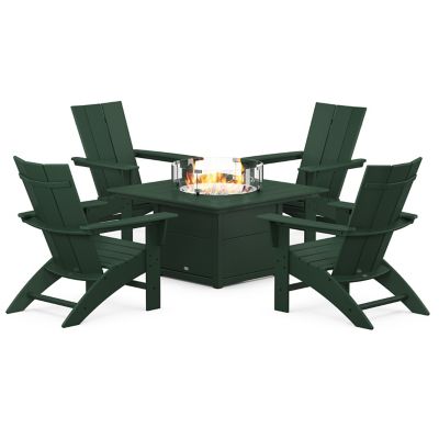 Modern Curveback Adirondack Outdoor 5-Piece Conversation Set with Fire Pit Table