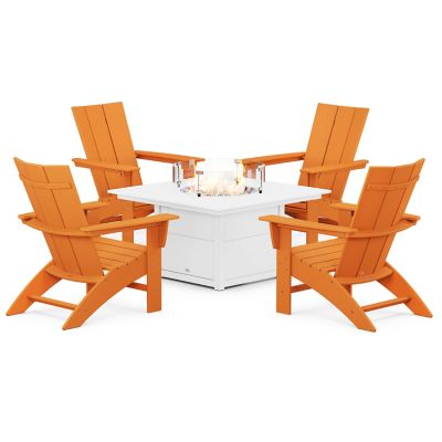 Modern Curveback Adirondack Outdoor 5-Piece Conversation Set with Fire Pit Table