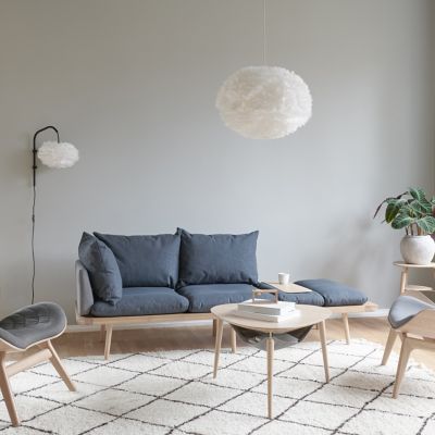 Lounge Around 3-Seat Platform Sofa with Eos Pendant Light, Hang Out Coffee Table, A Conversation Piece Lounge Chair and My Spot Side Table