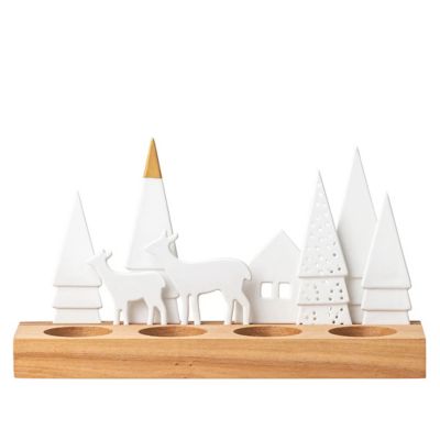 Porcelain & Wood Holiday Forest Tealight Holder Set