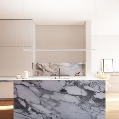 Shown in Satin White finish, 6 Foot size, Two-Sided option, 240 Inch Cable Length, in use