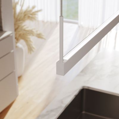 Shown in Satin White finish, 6 Foot size, Two-Sided option, 240 Inch Cable Length, in use