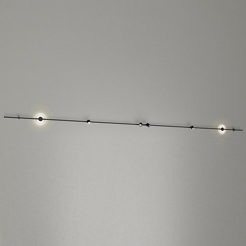 Suspenders 12-Foot Linear Wall Mount Mezzaluna Luminaires and Precise Bar-Mounted Aimable Cylinders