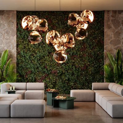 Shown in Copper Shade Color, Gold Stem finish, Small size, lit, in use