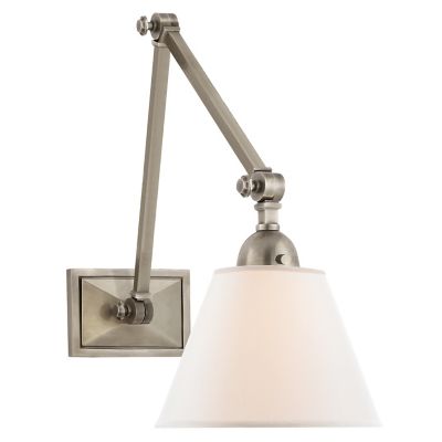 Visual Comfort Classic Swing Arm Wall Lamp in Hand-Rubbed Antique Brass  with Linen Shade