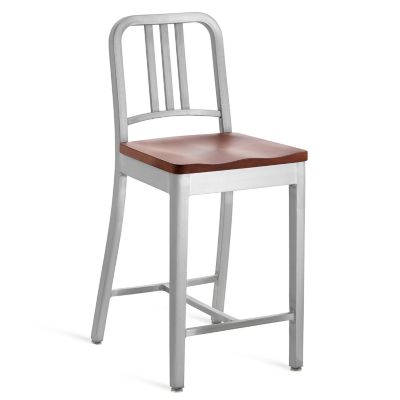 Emeco Navy Stool, Wooden Seat - Color: Silver - Size: Counter - 1104 24 CHE