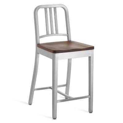 Emeco Navy Stool, Wooden Seat - Color: Silver - Size: Counter - 1104 24 WAL