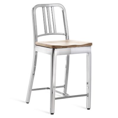 Emeco Navy Stool, Wooden Seat - Color: Silver - Size: Counter - 1104 24 P A