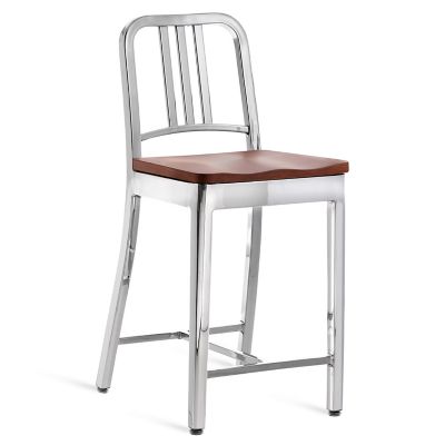 Emeco Navy Stool, Wooden Seat - Color: Silver - Size: Counter - 1104 24 P C