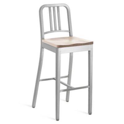 Emeco Navy Stool, Wooden Seat - Color: Silver - Size: Bar - 1104 30 ASH