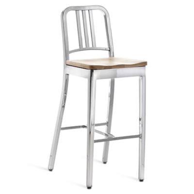 Emeco Navy Stool, Wooden Seat - Color: Silver - Size: Bar - 1104 30 P ASH