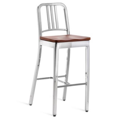 Emeco Navy Stool, Wooden Seat - Color: Silver - Size: Bar - 1104 30 P CHERR