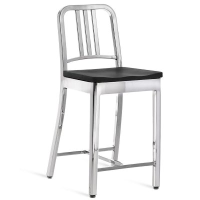 Emeco Navy Stool, Wooden Seat - Color: Silver - Size: Counter - 1104 30 P B