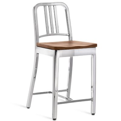 Emeco Navy Stool, Wooden Seat - Color: Silver - Size: Counter - 1104 30 P W